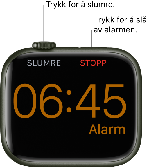 En Apple Watch som er plassert på siden, der skjermen viser at en alarm har ringt. Nedenfor Digital Crown står ordet «Slumre». Ordet «Stopp» står under sideknappen.