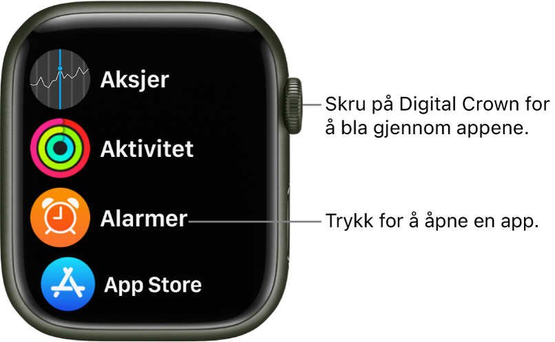 Hjem-skjermen i listevisning på Apple Watch, med apper i en liste. Trykk på en app for å åpne den. Rull for å se flere apper.