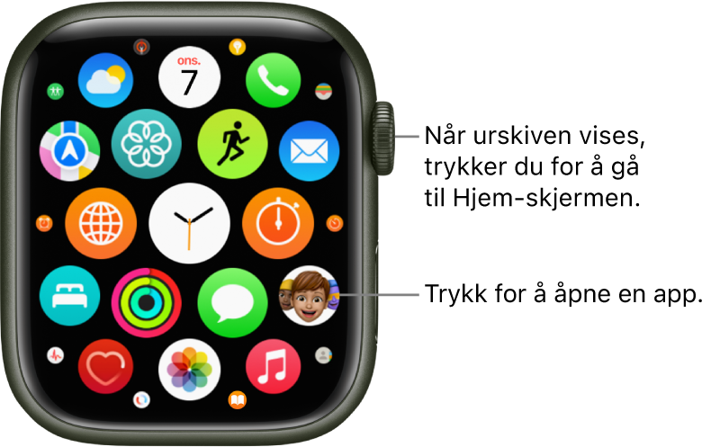 Hjem-skjermen i rutenettvisning på Apple Watch, med apper i en klynge. Trykk på en app for å åpne den. Dra for å se flere apper.