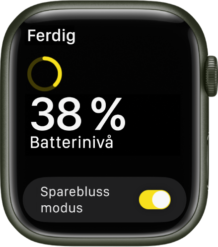 Spareblussmodus-skjermen som viser gjenværende batterinivå med en delvis gul ring, ordene 38 prosent batteristrøm gjenstår og Sparebluss­modus-knappen nederst.