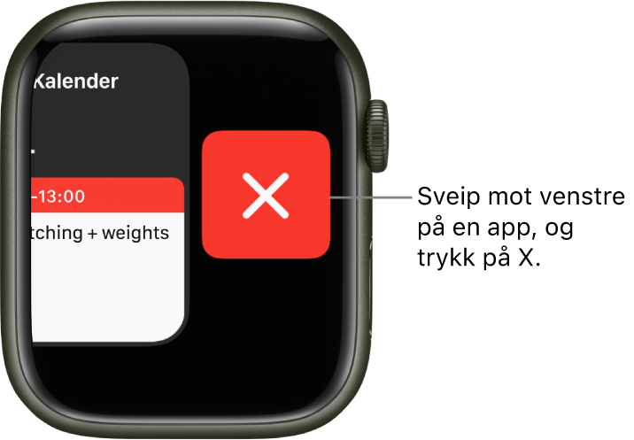 Dock etter at du har sveipet til venstre på en app, med X-knappen til høyre.