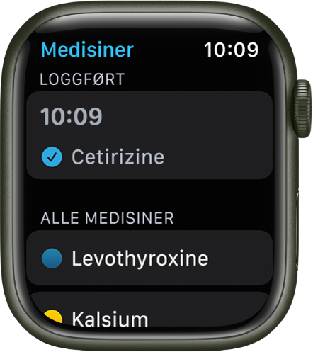 Medisiner-appen som viser loggførte medisiner.