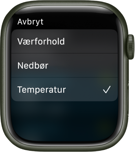 Været-appen viser tre valg i en liste – Værforhold, Nedbør og Temperatur.