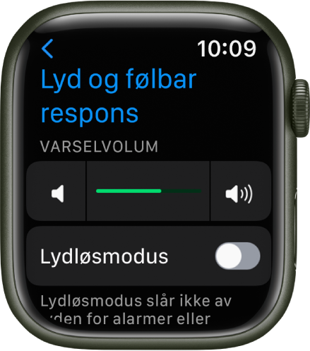 Lyd og følbar respons-innstillinger på Apple Watch, med skyveknappen for Varselvolum øverst og Lydløsmodus-bryteren under.