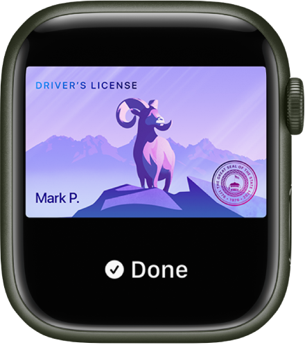 Et førerkort vist på Apple Watch. Ordet Ferdig vises nederst.