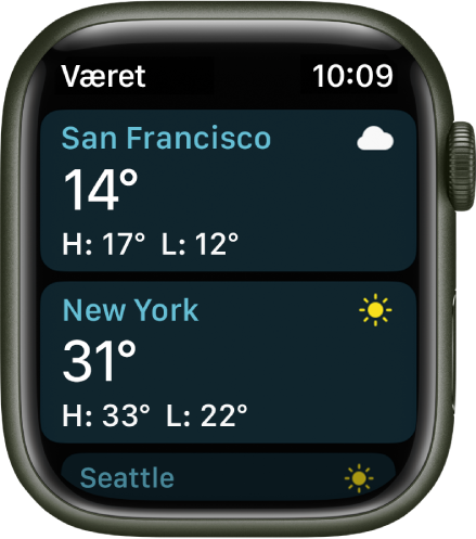 Været-appen som viser informasjon om været for to byer i en liste.