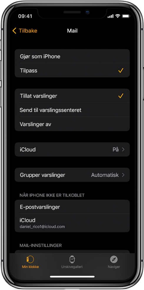 E-postinnstillinger i Apple Watch-appen som viser innstillinger for varslinger og e-postkontoer.