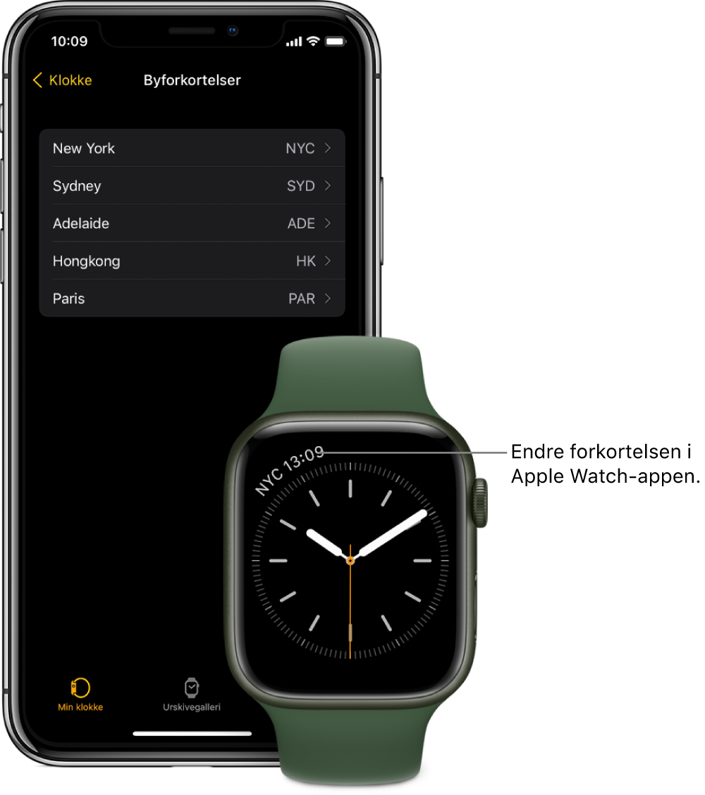 En iPhone og Apple Watch ved siden av hverandre. Apple Watch-skjermen viser klokkeslettet i New York City, med forkortelsen NYC. iPhone-skjermen viser en liste over byer i Byforkortelser-innstillinger, i Klokke-innstillinger i Apple Watch-appen.