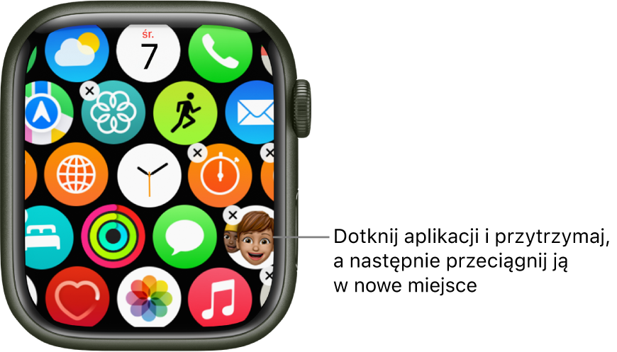Ekran początkowy Apple Watch w widoku siatki.