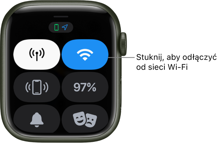 Centrum sterowania na Apple Watch (GPS + Cellular) z przyciskiem Wi‑Fi w prawym górnym rogu. Widoczny jest następujący opis: Stuknij, aby odłączyć się od sieci Wi‑Fi.