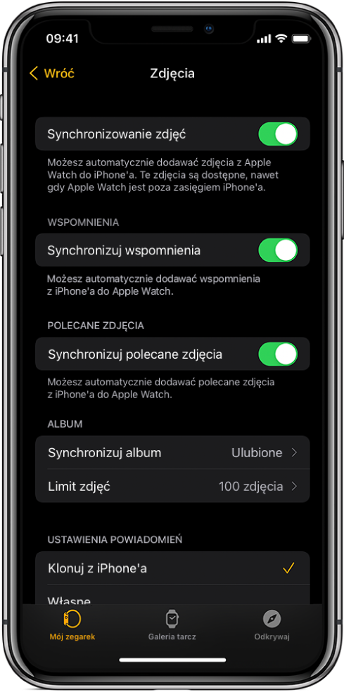 Ustawienia aplikacji Zdjęcia w aplikacji Apple Watch na iPhonie. Na środku widoczna jest etykieta Synchronizowanie zdjęć, a poniżej znajduje się pozycja Limit zdjęć.
