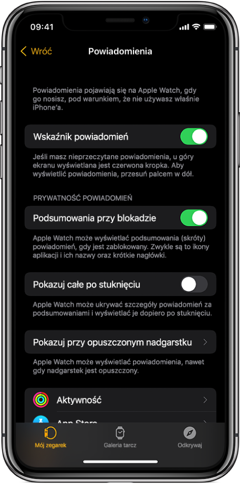 Ekran Powiadomienia w aplikacji Watch na iPhonie, wyświetlający źródła powiadomień.