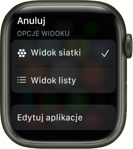 Widok Opcje widoku z przyciskami Widok siatki i Widok listy. Na dole ekranu widoczny jest przycisk Edytuj aplikacje.