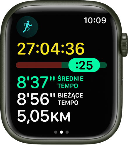 Aplikacja Trening na Apple Watch wyświetlająca analizę tempa podczas treningu biegu w plenerze. Na górze widoczny jest czas biegu. Poniżej znajduje się suwak, który pokazuje, jak bardzo przekraczasz swoje tempo lub go nie osiągasz. Jeszcze niżej widoczne jest Twoje średnie tempo, bieżące tempo oraz dystans.