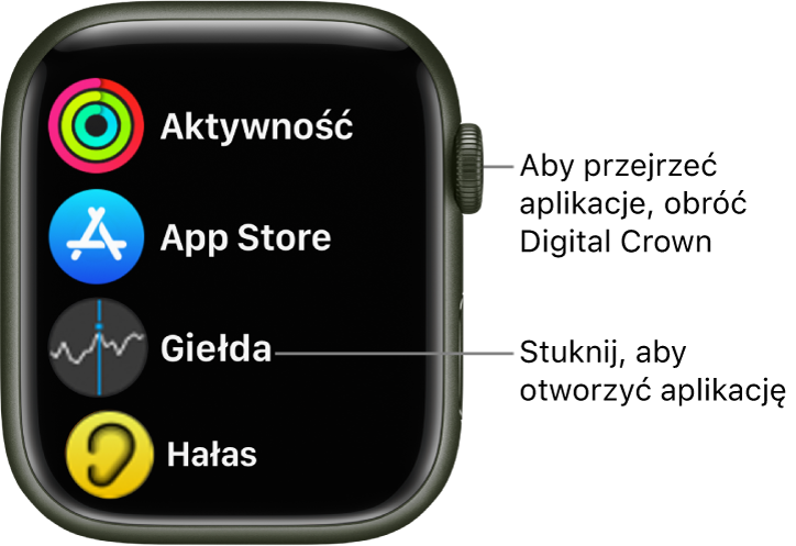 Ekran początkowy Apple Watch w widoku listy, zawierający listę aplikacji. Stuknij w daną aplikację, aby ją otworzyć. Przewiń, aby zobaczyć więcej aplikacji.