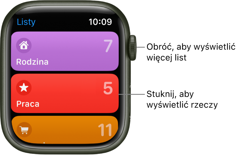 Ekran list w aplikacji Przypomnienia, wyświetlający trzy przyciski list: Rodzina, Praca oraz Zakupy. Liczby informują, ile przypomnień znajduje się na każdej liście. Stuknij w wybraną listę, aby zobaczyć znajdujące się na niej pozycje. Obróć Digital Crown, aby zobaczyć więcej list.