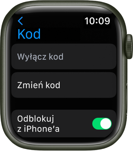 Ustawienia kodu na Apple Watch. Na górze widoczny jest przycisk Wyłącz kod, poniżej znajduje się przycisk Zmień kod, a na dole widoczny jest przycisk Odblokuj z iPhone’a.