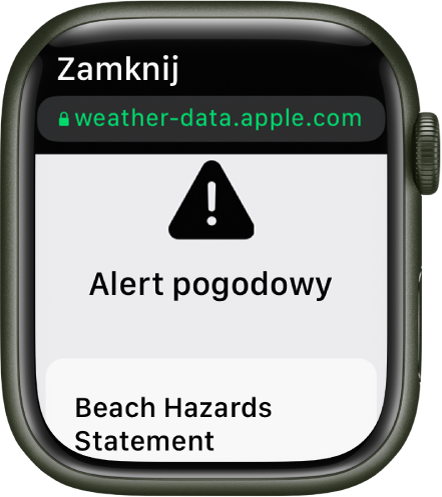 Ostrzeżenie w aplikacji Pogoda informujące o niebezpieczeństwie na plaży.