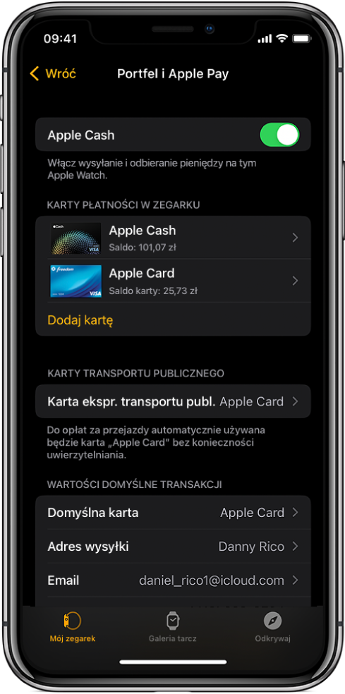 Ekran Portfel i Apple Pay w aplikacji Apple Watch na iPhonie. Ekran zawiera karty dodane do Apple Watch, kartę wybraną jako kartę ekspresową transportu publicznego oraz ustawienia domyślne transakcji.