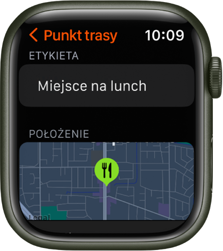 Aplikacja Kompas wyświetlająca ekran edycji punktu trasy. U góry widoczne jest pole Etykieta. Poniżej znajduje się pole miejsca, wyświetlające miejsce punktu trasy na mapie. Do punktu trasy przypisany został symbol jedzenia.