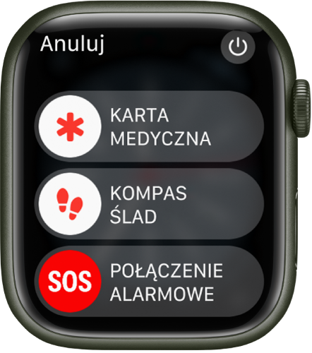 Ekran Apple Watch z trzema suwakami: Karta medyczna, suwak funkcji Ślad oraz Połączenie alarmowe. W prawym górnym rogu znajduje się przycisk zasilania.