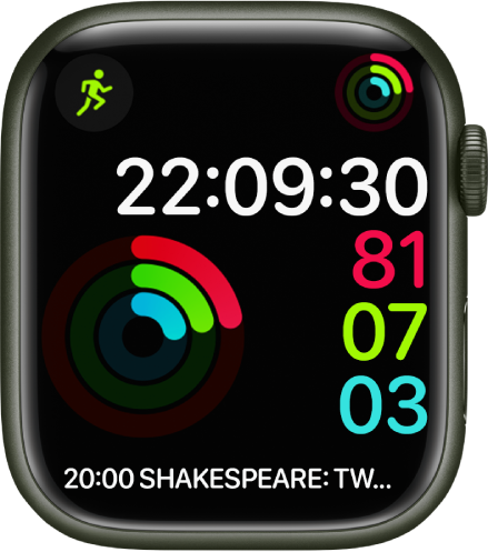 Ekran cyfrowej tarczy aktywności, pokazującej godzinę oraz postęp celów W ruchu, Ćwiczenie oraz Na nogach. Widoczne są także trzy komplikacje: Trening (w lewym górnym rogu), Aktywność (w prawym górnym rogu) oraz Kalendarz z wydarzeniem (na dole).