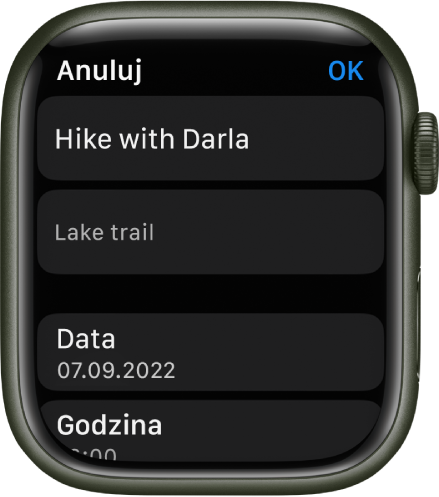 Ekran edycji w aplikacji Przypomnienia na Apple Watch. Na górze widoczna jest nazwa przypomnienia, a poniżej znajduje się jego opis. Na dole widoczna jest data i czas wyświetlenia przypomnienia. W lewym górnym rogu znajduje się przycisk Gotowe.