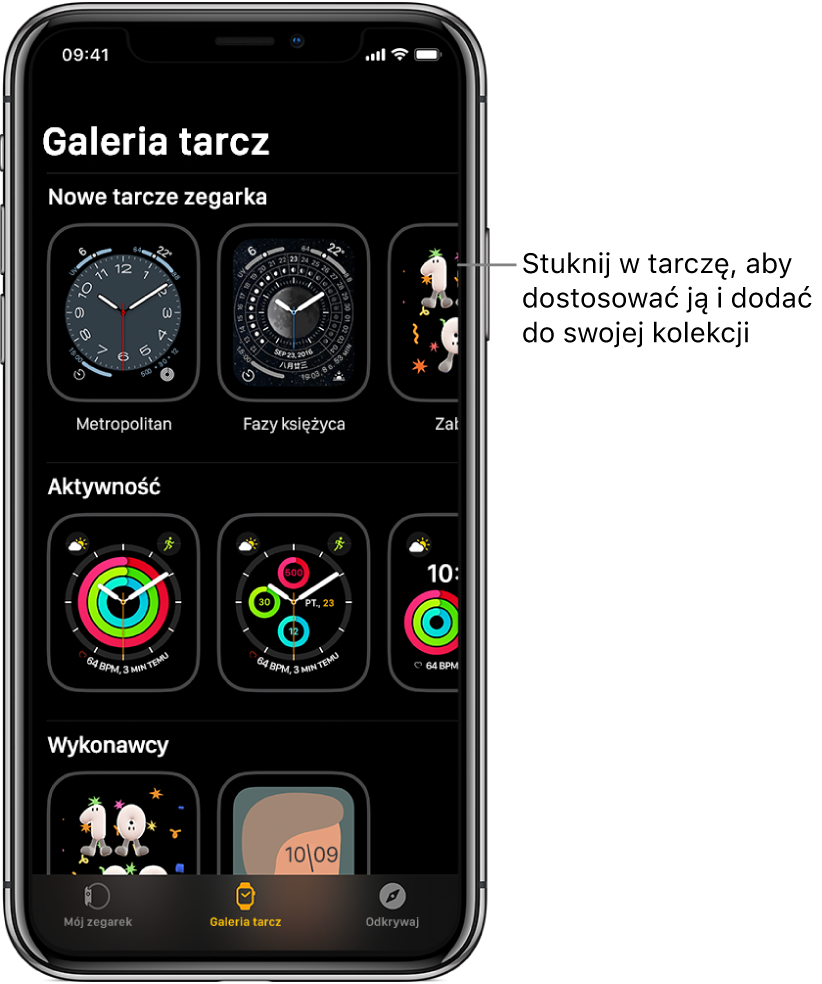 Aplikacja Apple Watch wyświetlająca galerię tarcz. W górnym wierszu wyświetlane są nowe tarcze, a poniżej tarcze uporządkowane według typu, na przykład Aktywność i Artyści. Możesz przewijać, aby zobaczyć więcej tarcz uporządkowanych według typu.