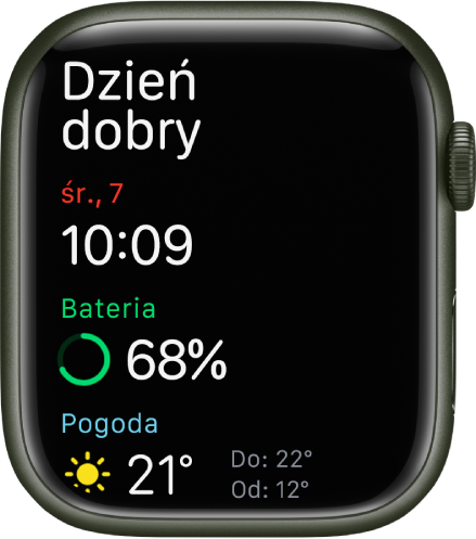 Apple Watch wyświetlający ekran pobudki. Na górze widoczny jest napis Dzień dobry. Poniżej wyświetlana jest data, godzina, procent naładowania baterii oraz pogoda.