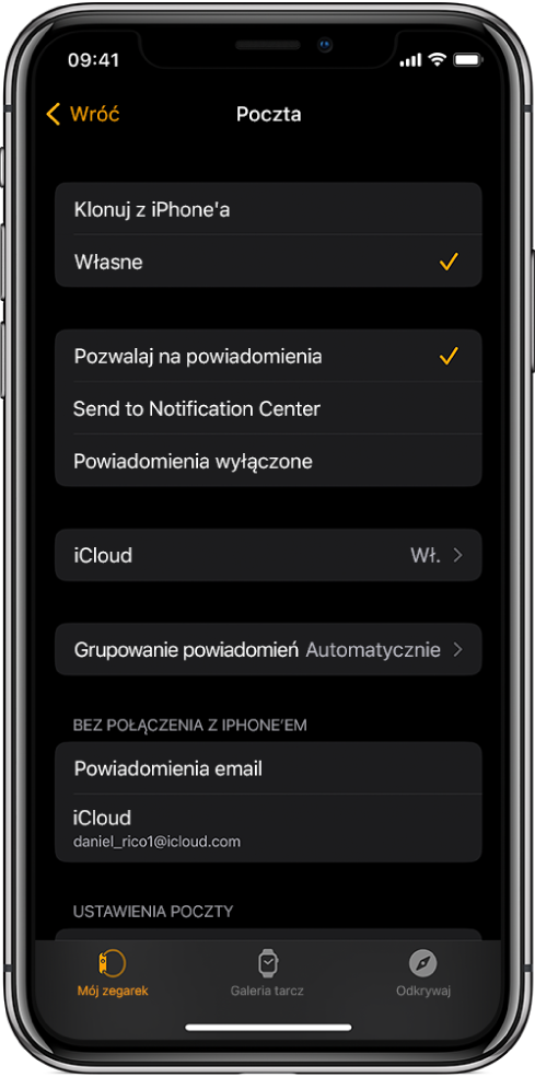 Ekran aplikacji Apple Watch z ustawieniami powiadomień i kont poczty aplikacji Poczta.