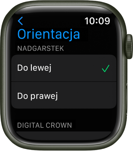 Ekran orientacji na Apple Watch. Na obu możesz ustawić preferowany nadgarstek i pozycję Digital Crown.