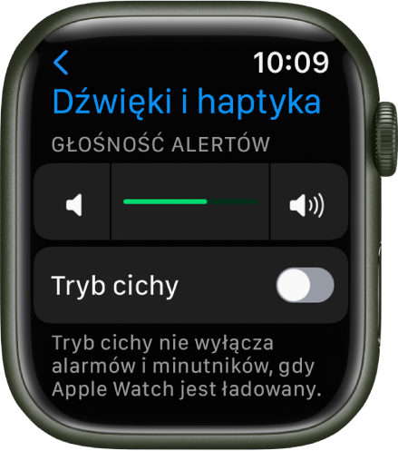 Ustawienia dźwięku i haptyki Apple Watch. Na górze znajduje się suwak Głośność alertów, a pod nim przełącznik Tryb cichy.