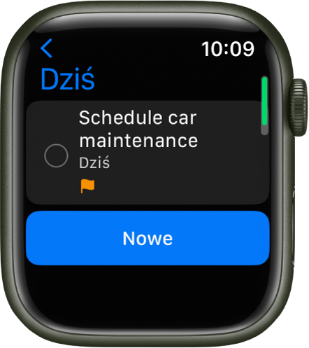 Aplikacja Przypomnienia wyświetlająca przypomnienie na liście Dziś. Przypomnienie widoczne jest na górze ekranu. Poniżej znajduje się przycisk Nowe.