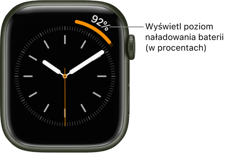Tarcza zegarka wyświetlająca w prawym górnym rogu komplikację pokazującą użycie baterii.