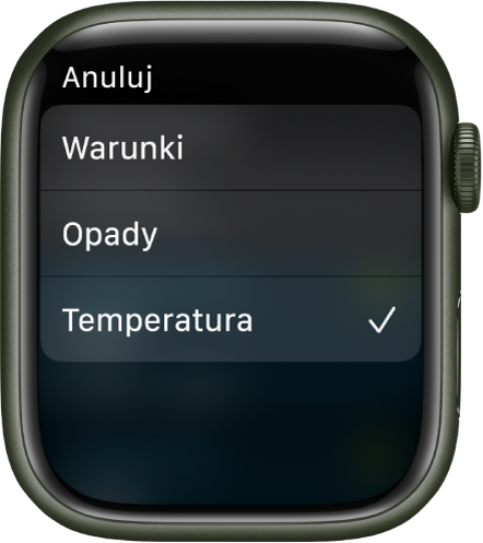 Aplikacja Pogoda wyświetlająca listę z trzema opcjami, Warunki, Opady oraz Temperatura.