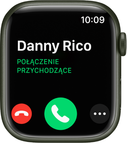 Ekran Apple Watch z połączeniem przychodzącym. Widoczna jest nazwa dzwoniącego, etykieta „dzwoni”, czerwony przycisk Odrzuć, zielony przycisk Odbierz oraz przycisk Więcej opcji.