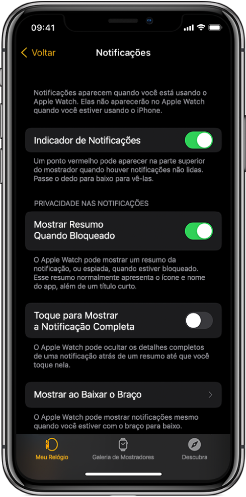 Tela de Notificações no app Apple Watch do iPhone, mostrando fontes de notificações.