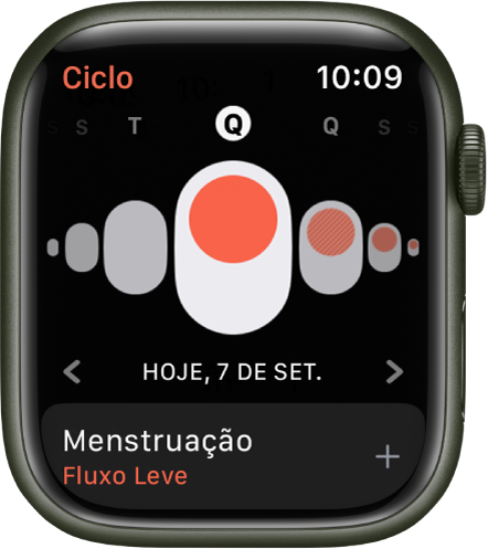 Apple Watch mostrando a tela do app Acompanhamento de Ciclo.