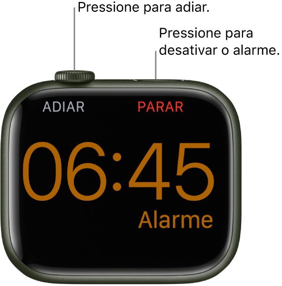 Apple Watch posicionado de lado, com a tela mostrando um alarme acionado. Abaixo da Digital Crown, lê-se “Adiar”. A palavra “Parar” aparece abaixo do botão lateral.