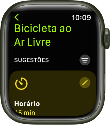 O app Exercício mostrando uma tela para edição de um exercício de Bicicleta ao Ar Livre. O mosaico Tempo está no centro com um botão Editar acima à direita do mosaico. O tempo atual está definido como 45 minutos.