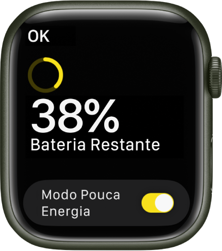 A tela do Modo Pouca Energia mostra um anel parcial amarelo indicando a carga restante, as palavras “38 por cento de Bateria Restante” e o botão Modo Pouca Energia na parte inferior