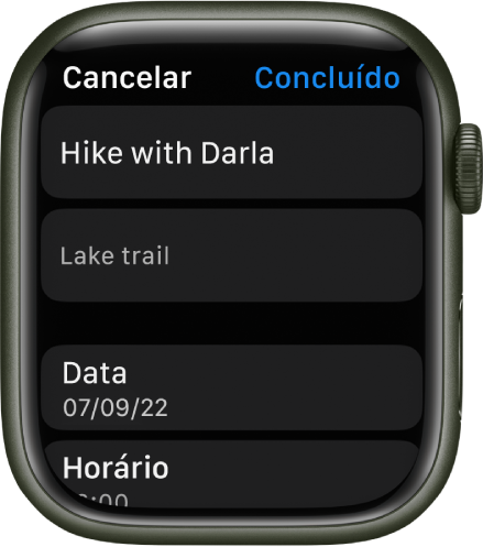 A tela Editar no app Lembretes do Apple Watch. O nome do lembrete está na parte superior, com uma descrição abaixo. Na parte inferior, estão a data e o horário em que o lembrete está programado para aparecer. O botão OK encontra-se na parte superior direita.