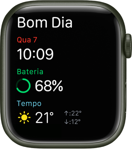 Apple Watch mostrando a tela da hora de acordar. Bom Dia aparece escrito na parte superior. A data, hora, porcentagem de bateria e tempo estão abaixo.