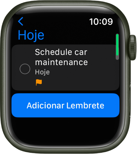O app Lembretes mostrando um lembrete na lista Hoje. O lembrete está perto da parte superior da tela e o botão Adicionar Lembrete está abaixo.