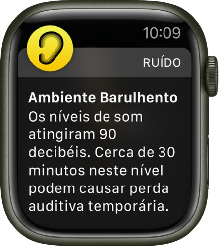 Apple Watch mostrando uma notificação do app Ruído. O ícone do app associado à notificação aparece na parte superior esquerda. Você pode tocar nele para abrir o app.