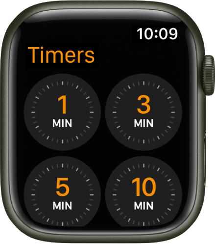 Tela do app Timer mostrando timers rápidos de 1, 3, 5 ou 10 minutos.