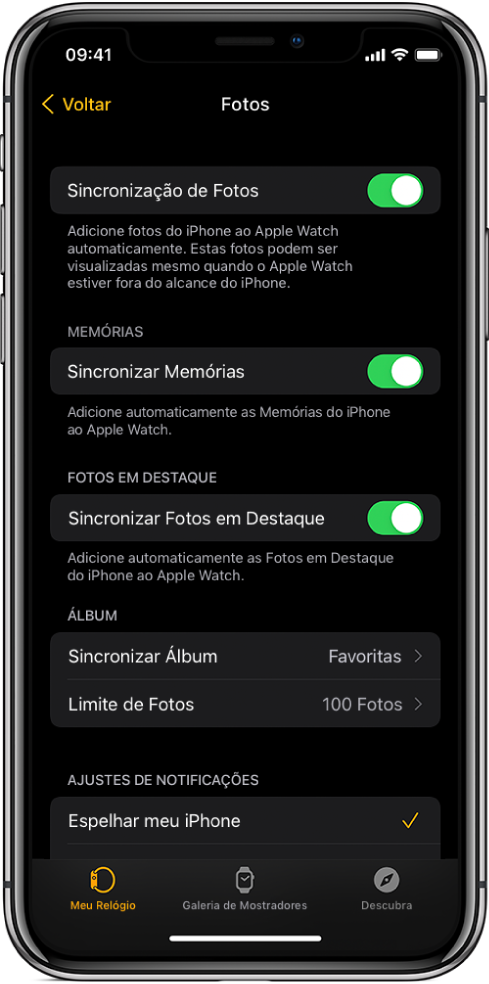 Ajustes de fotos no app Apple Watch do iPhone, com o ajuste Sincronização de Fotos no meio e o ajuste Limite de Fotos abaixo desse.