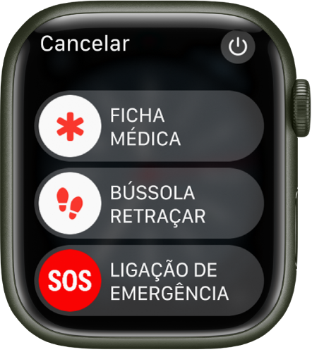 Tela do Apple Watch mostrando três controles: Ficha Médica, Retraçar Bússola e Ligação de Emergência. O botão de Força encontra-se na parte superior direita.