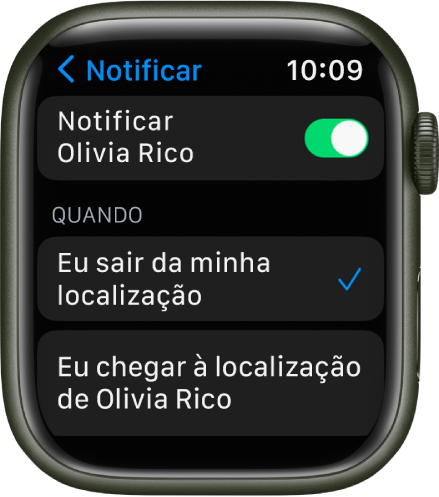 A tela Notificar no app Buscar Pessoas. “Quando eu sair da minha localização” está selecionado.