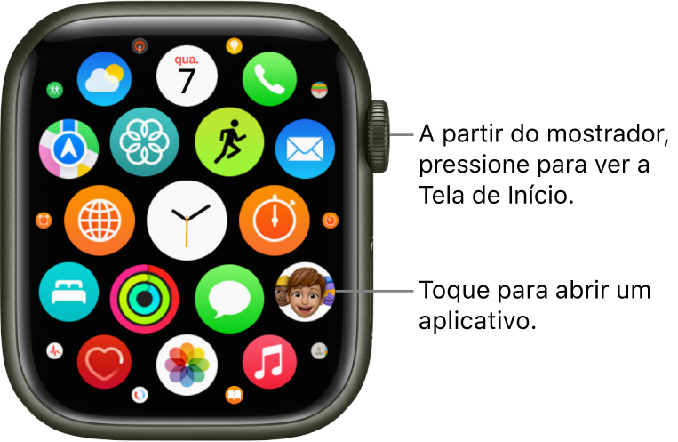Tela de Início na visualização em grade no Apple Watch, com os apps agrupados. Toque em um app para abri-lo. Arraste para ver mais apps.